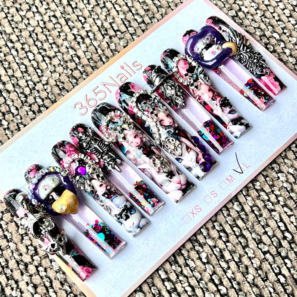 365nails: "Dark Wonderland Alice" – Handmade Gothic Liquid Motion Press-On Long Pipe Nails-5.5cm