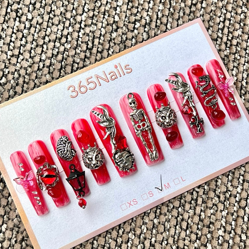 365nails: "Gothic Red Skeleton Lion Dragon" – handmade press-on nails