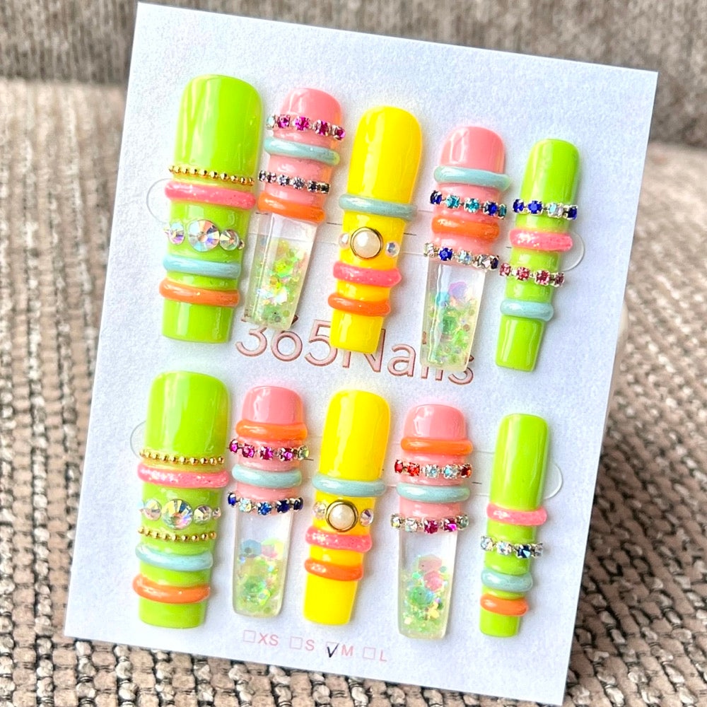 365nails: "Neon Pop Rainbow" – Handmade Liquid Motion Press-On Medium Square Nails-4cm