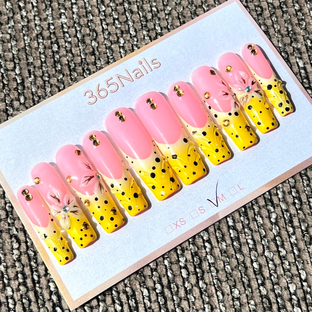 365nails: 햇살 스플래시 – 3D 꽃 장식 & 도트 수제 롱 스퀘어형 프레스온 네일