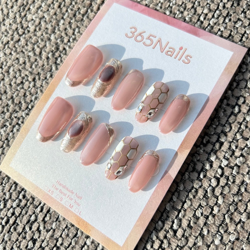 Luxury Logo The Gilded Serpent: "Blush Python" – Nude Pink Handmade Press-On Nails with Gold Scales & Vintage Gem Accent