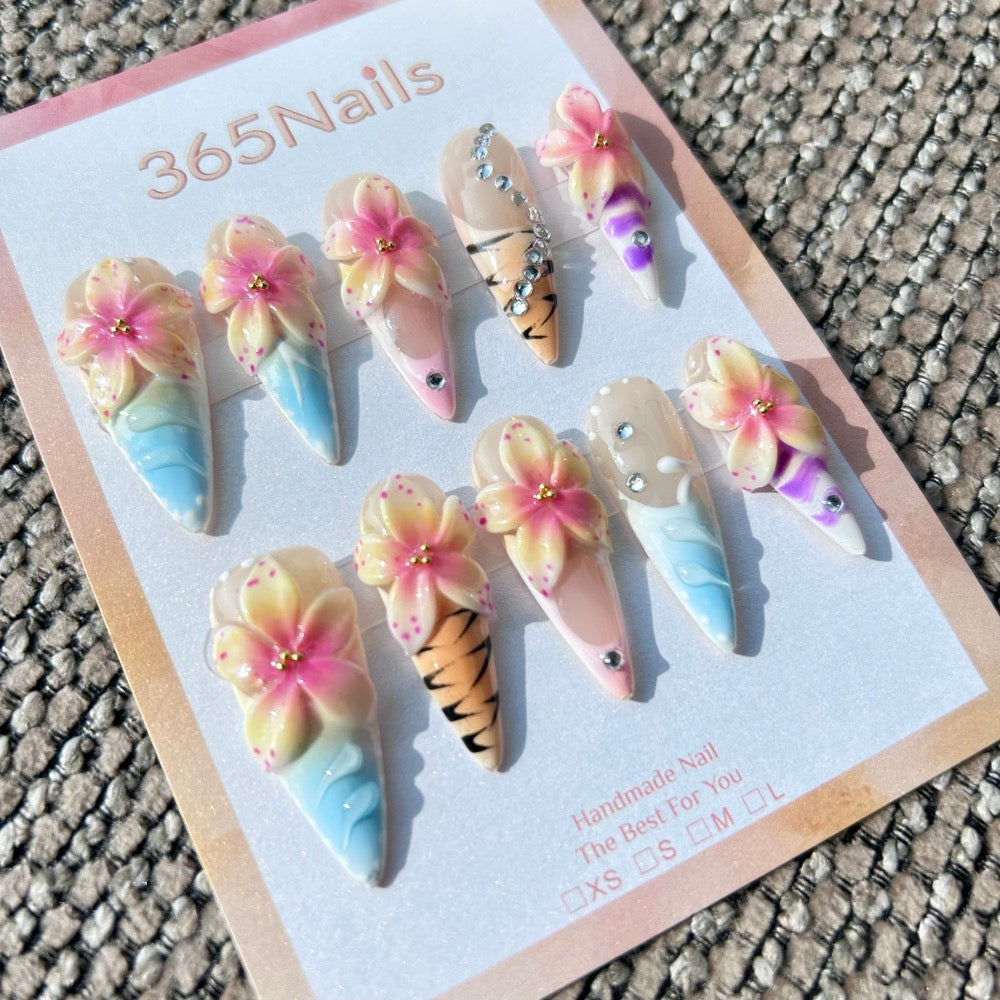 Sculpted Flora: "Tropical Sunset" – 3D Yellow-Pink Floral, Animal Print & Textured Long Stiletto Nails