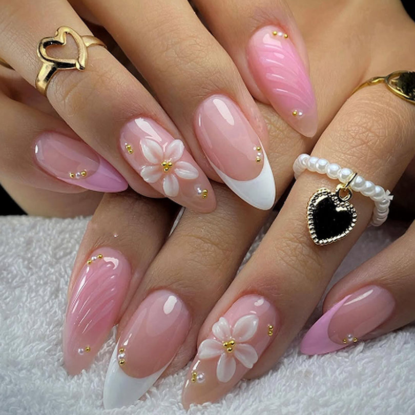 3D French Floral Glossy Pink White Almond Short Press On Nails – Design 63