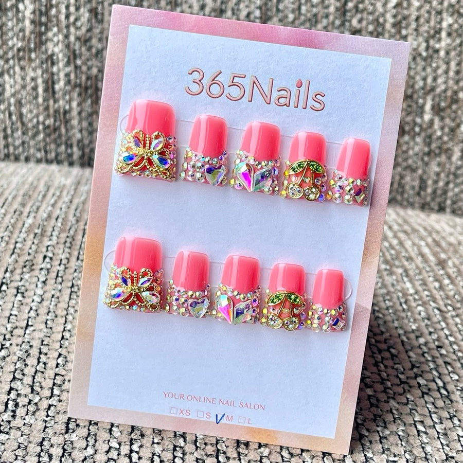 365nails: "Pink Cherry Butterfly Rhinestone French" – Luxury Crystal Handmade Medium Square Nails