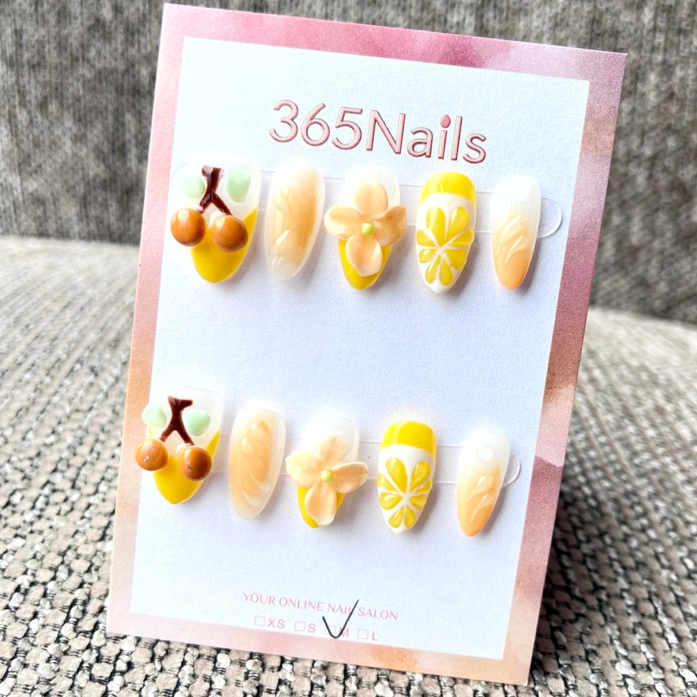 365nails: « Verger d'agrumes » – Ongles forme amande faits main avec fruits et floral 3D