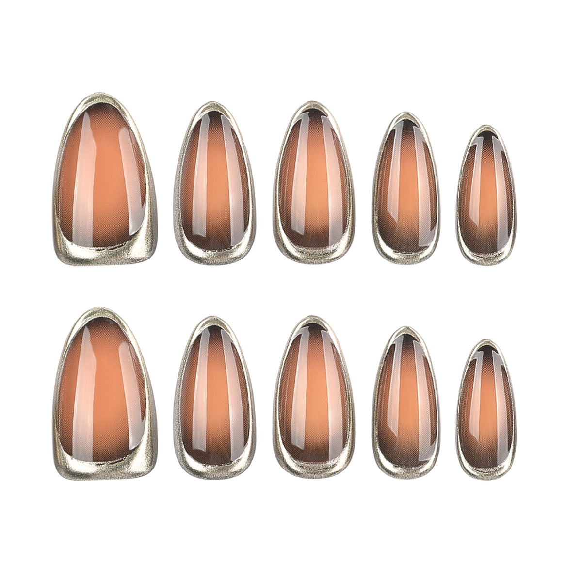 Two rows of brown gradient almond press-on nails in various sizes.