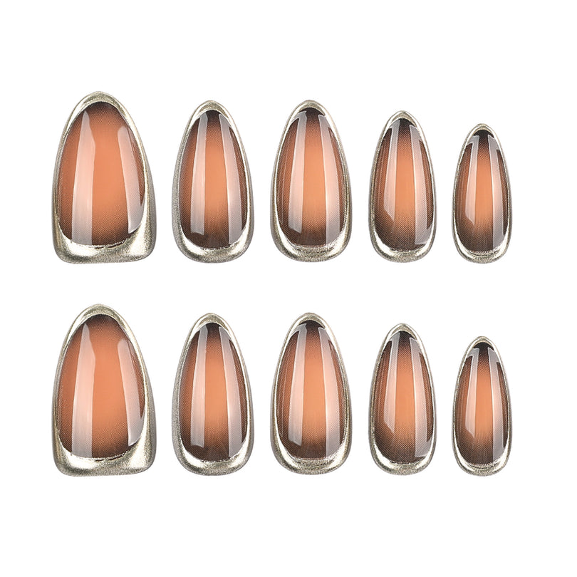 Two rows of brown gradient almond press-on nails in various sizes.