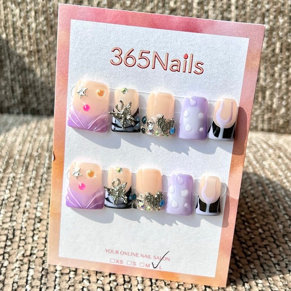 365nails: "Purple Black Butterfly Rhinestone Short" – Handmade Short Trapezoid Press-On Nails