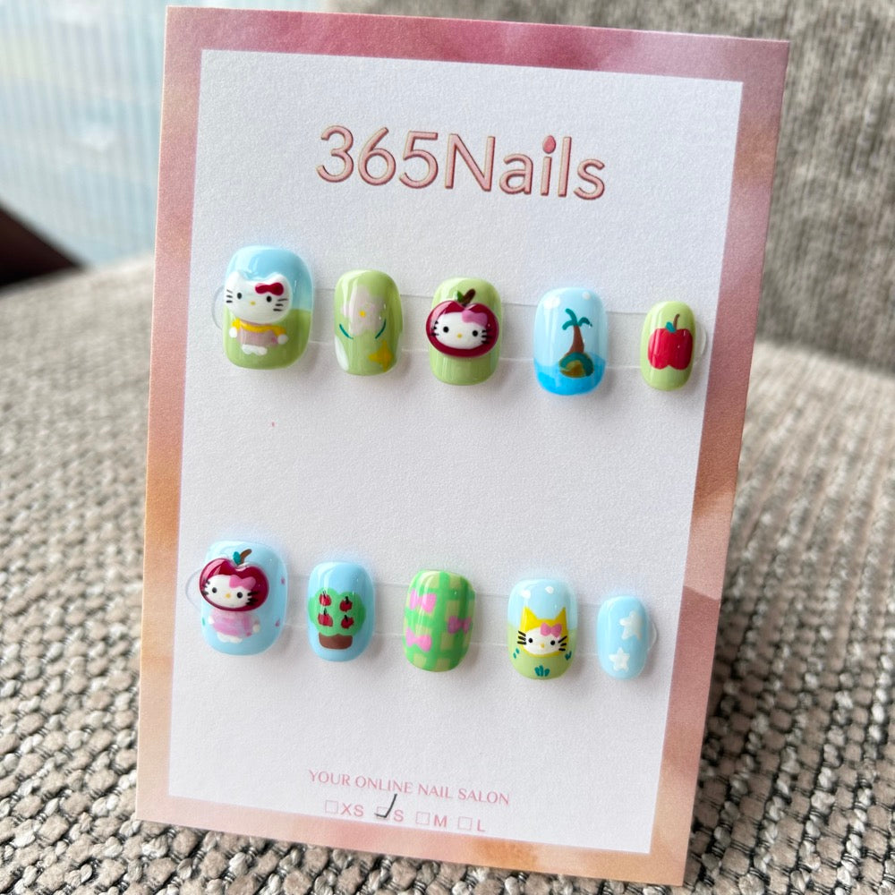 Cartoon & Dopamine: "Kitty's Island Adventure" – 3D Apple Hood, Palm Tree & Green Plaid Short Nails