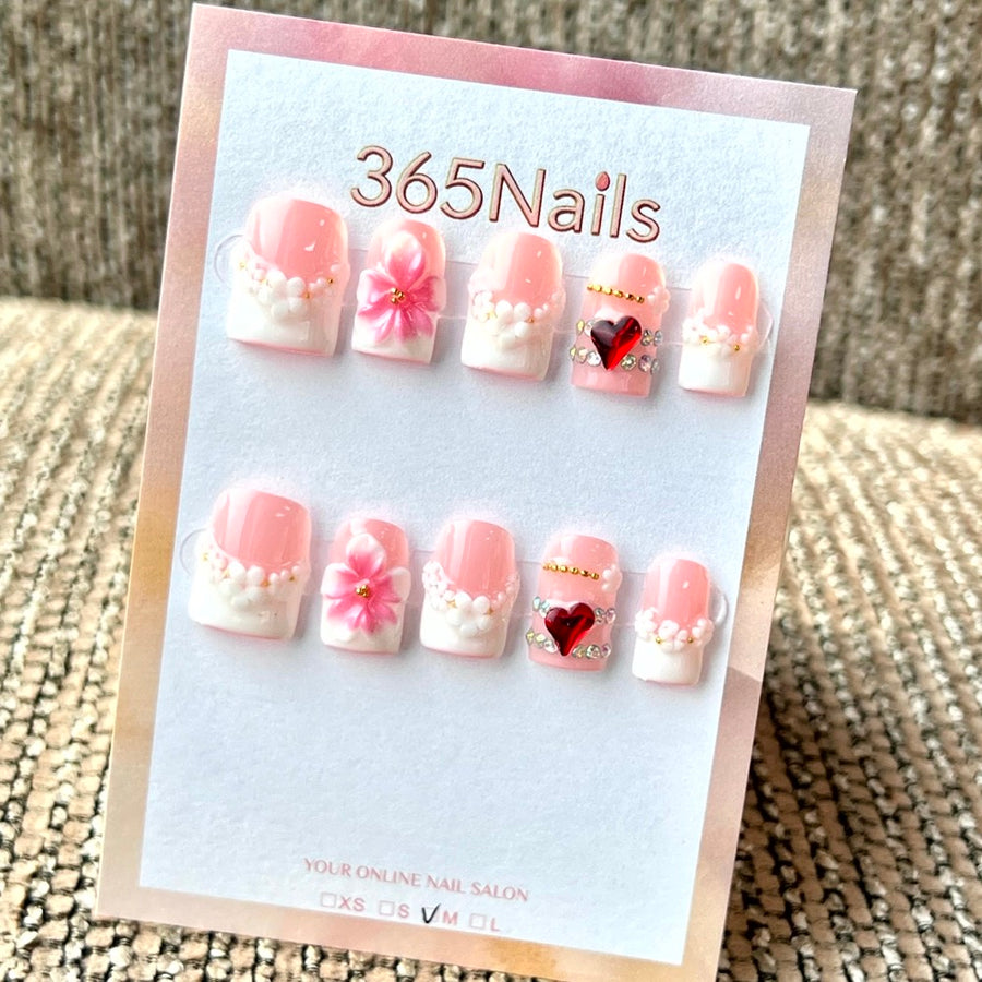 "Pink French Heart Pearl" - Wholesale Ultra-Soft Flexible Fit Handmade Nails (MOQ=100)