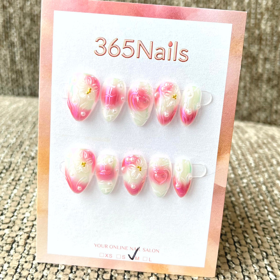365nails: "Blush Petal" – 3D Floral Handmade Almond Nails