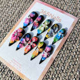 Handmade "Midnight Bloom" 3D Floral Press-on Nails | Gradient Petals & Pearls | Short Stiletto | 10pcs Set