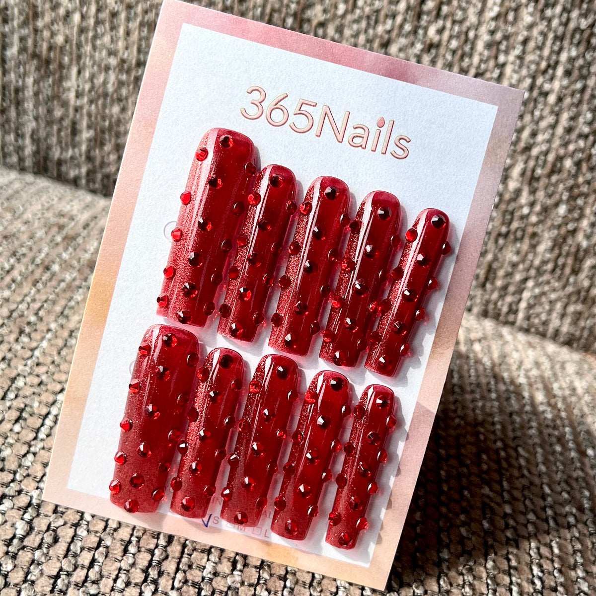 Ruby Radiance - Red Crystal Long Square Press-On Nails | Crystal Armor Series