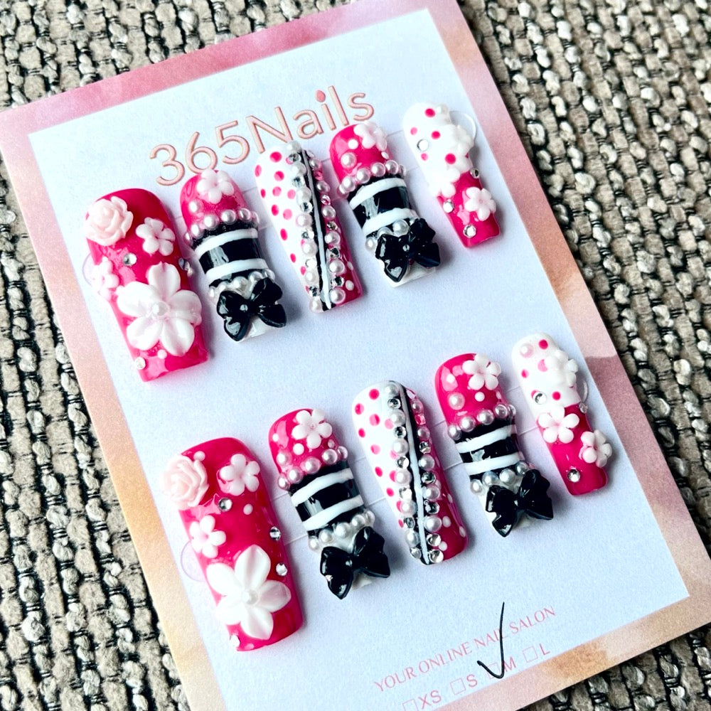365nails: "Sweet Chic" – 3D Floral & Bow Handmade Square Nails