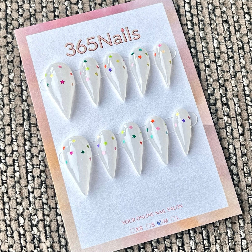 365nails: "Milky White Rainbow Star Glitter Jelly" – Confetti Sequin Handmade Long Almond Nails