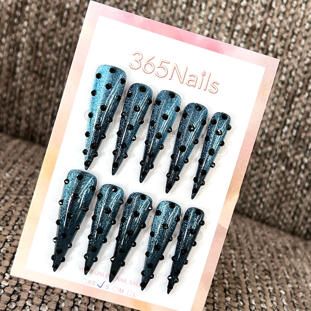 Midnight Teal - Black Crystal Stiletto Press-On Nails | Crystal Armor Series