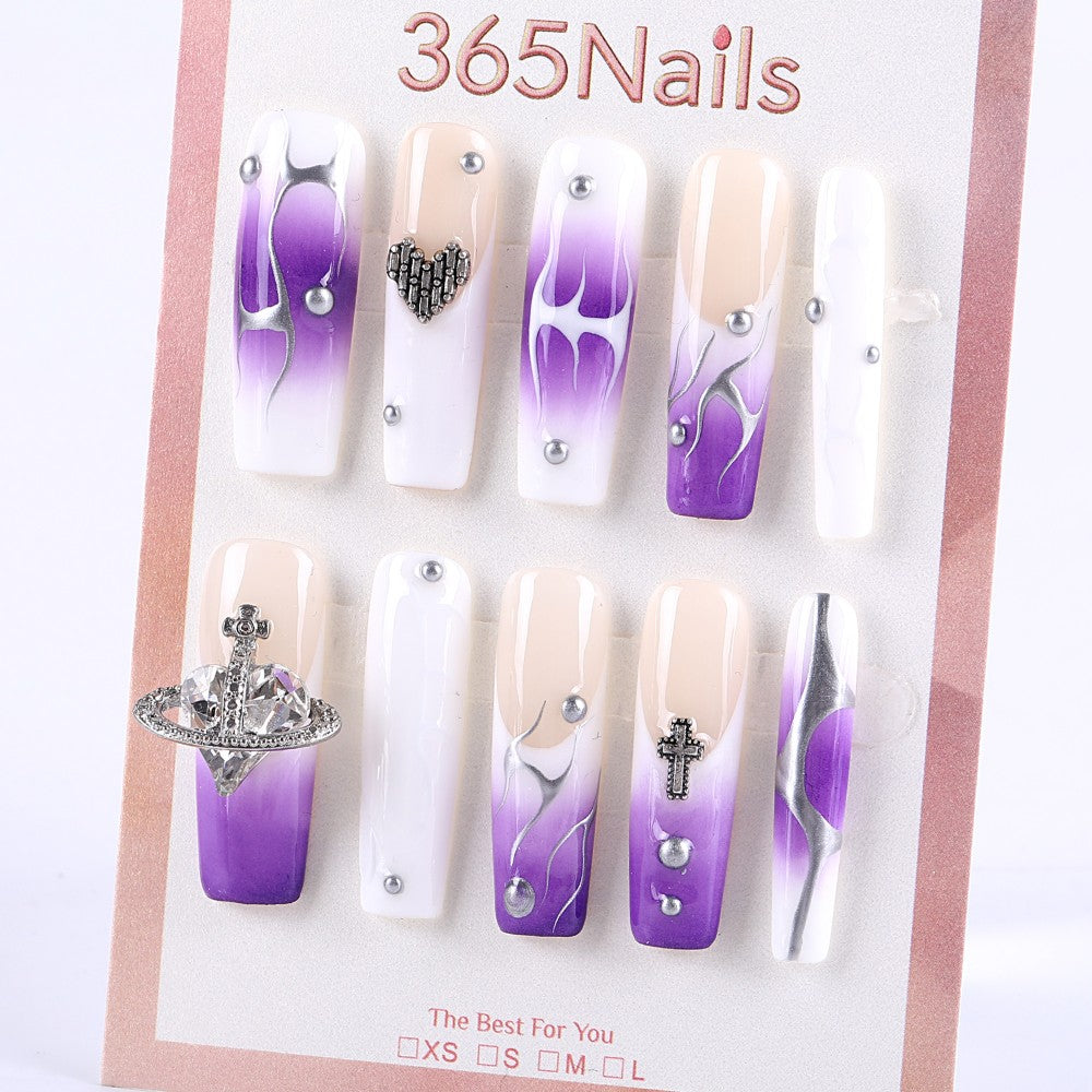 Purple Flame Gradient Press-On Nails with Cross, Heart, and Planet Charms
