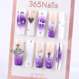 Purple Flame Gradient Press-On Nails with Cross, Heart, and Planet Charms
