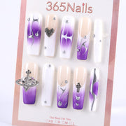 Purple Flame Gradient Press-On Nails with Cross, Heart, and Planet Charms ( MOQ=5pcs )