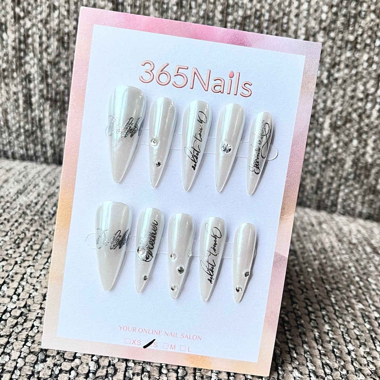 Shimmering Silver Stiletto Press-On Nails with Inspirational Script
