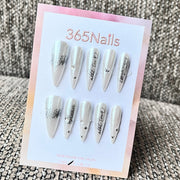 Shimmering Silver Stiletto Press-On Nails with Inspirational Script