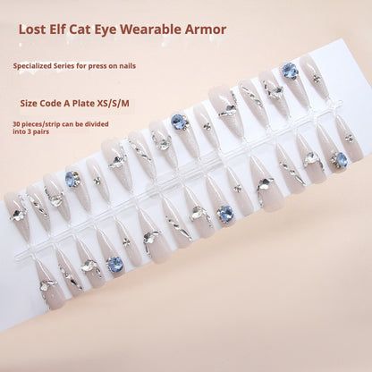 Pontas de unha Unha pré-fabricada Moonlight olho de gato Blue Diamond Versatile Sweet Less Unhas de pressão removíveis Diamond 30 peças ｜ 365 unhas