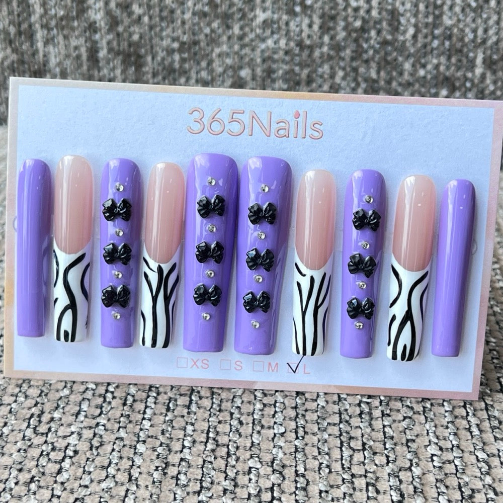 365nails: "Wild Lilac" – 3D Bow & Zebra Print Handmade Square Nails