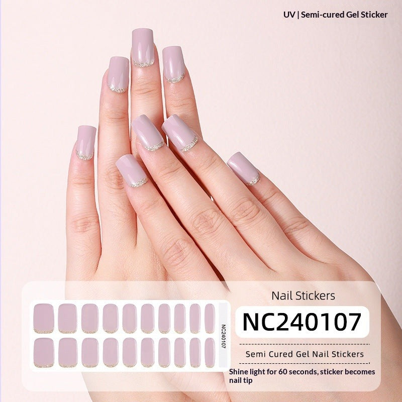 Semi-Cured Gel Nail Strips French Glitter Pink Sparkle Glossy Set (MOQ=3)