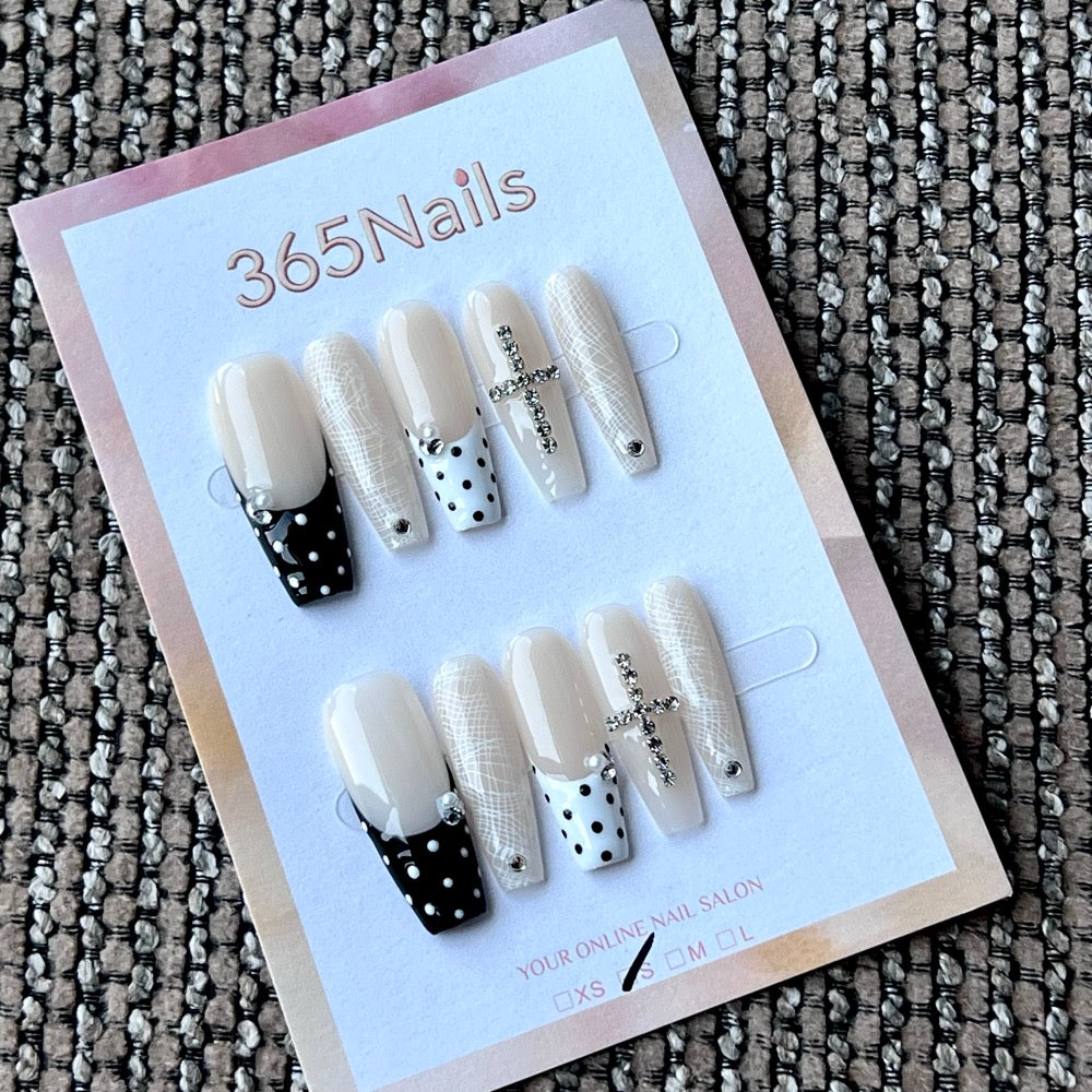 Ivory Lace Cross - Nude Polka Dot French Press-On Nails
