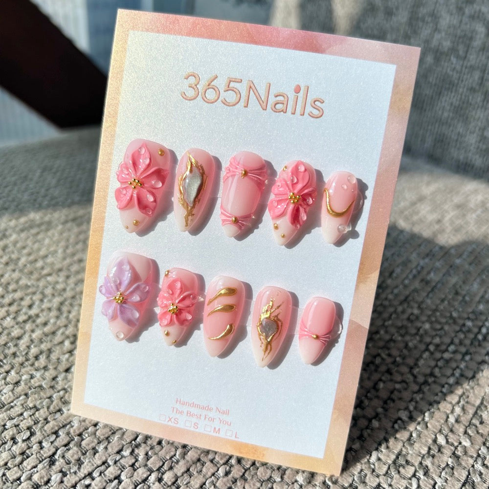 Handmade "Sakura Pink" 3D Floral Press-on Nails | Gold Accents & Water Drops | Almond | 10pcs Set