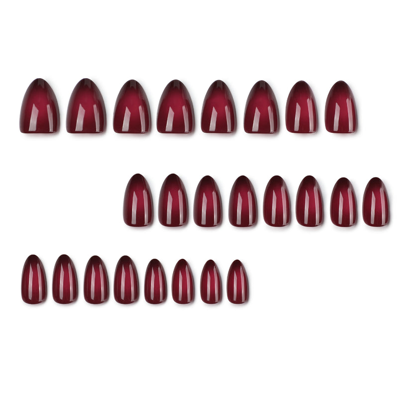 Set of 24 glossy burgundy press-on nails arranged in rows