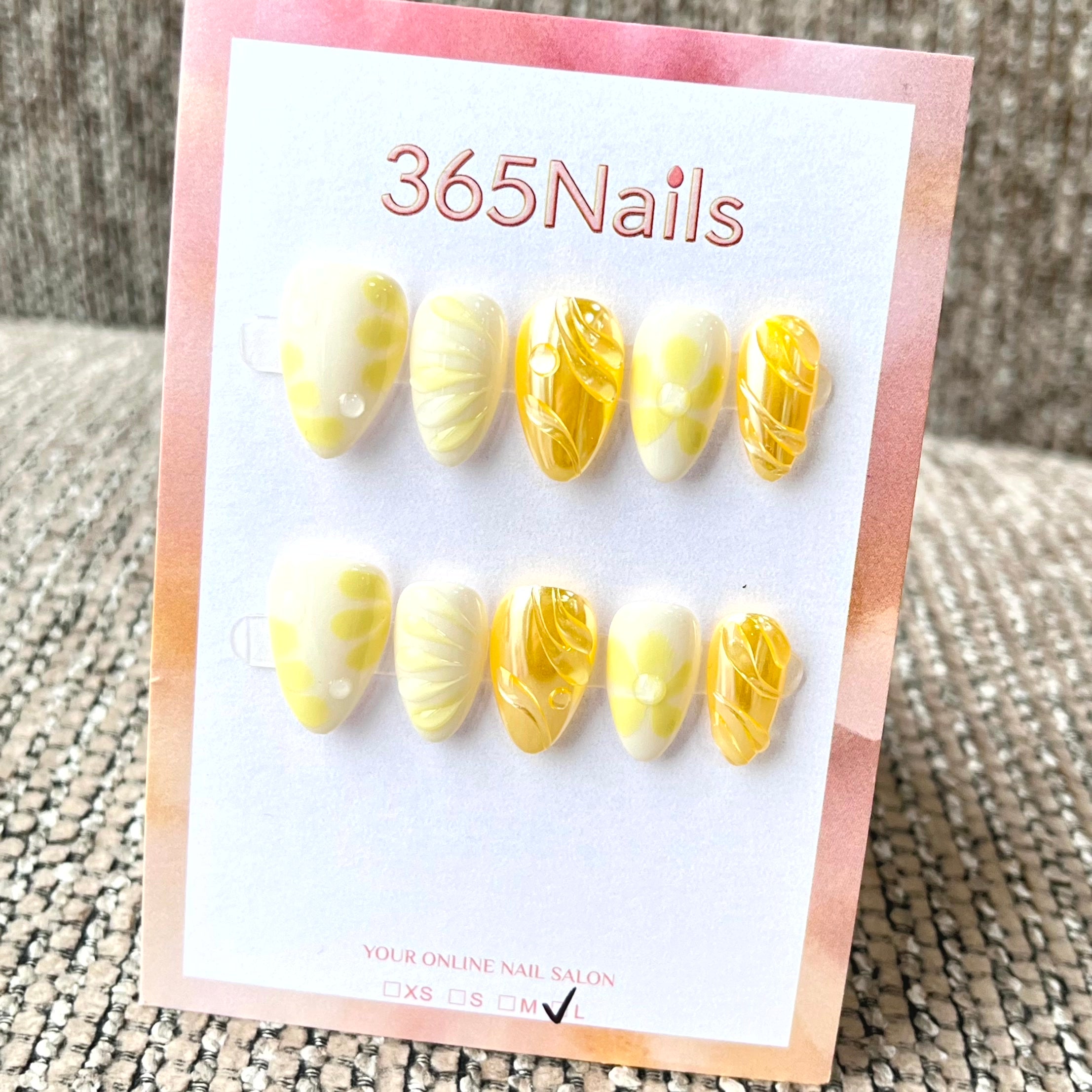 365nails: "Lemon Sorbet" – 3D Abstract Swirl Handmade Almond Nails