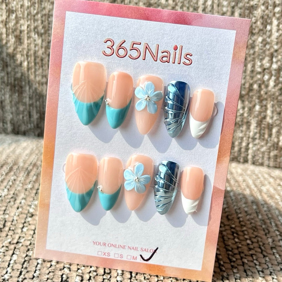 365nails: 오션 블루 히비스커스 크롬 – 3D 플라워 & 쉘 수제 미디엄 스틸레토형 프레스온 네일