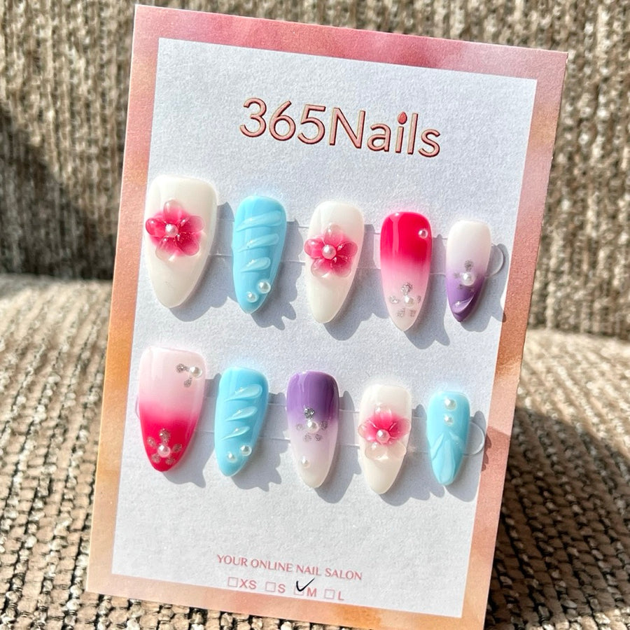 365nails: "Rainbow Sakura Pearl Wave" – 3D Flower Handmade Medium Stiletto Press-On Nails