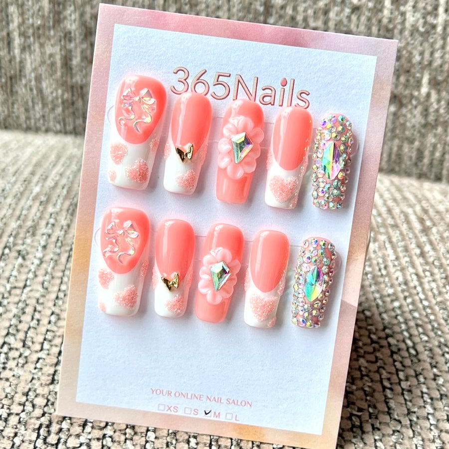 365nails: "Coral Pink Sparkle" – Handmade Medium Square Press-On Nails
