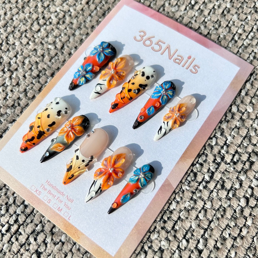Handmade "Wild Safari" 3D Floral Press-on Nails | Animal Print & Tropical Orange | Long Stiletto | 10pcs Set