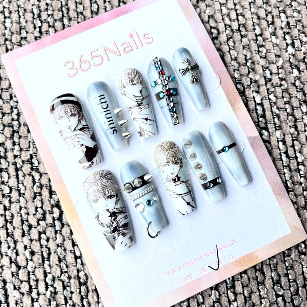 365nails: "Grey Anime Shinichi Cross" – Handmade Medium Trapezoid Press-On Nails