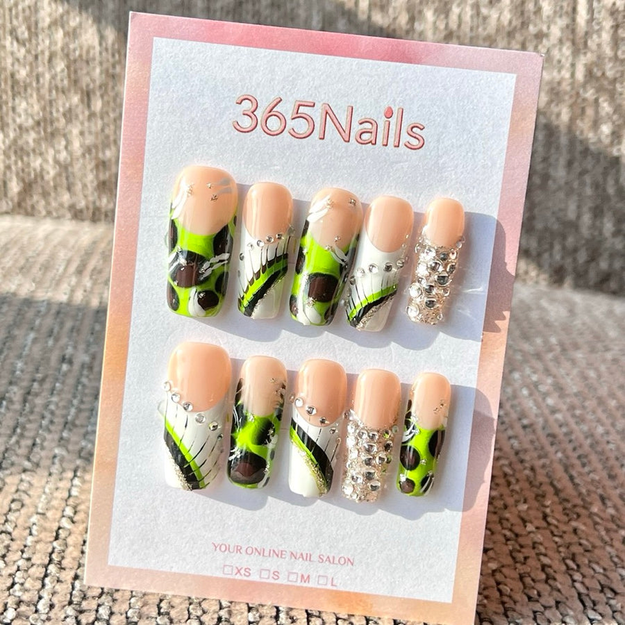 365nails: "Neon Green Abstract" – Handmade Medium Square Press-On Nails