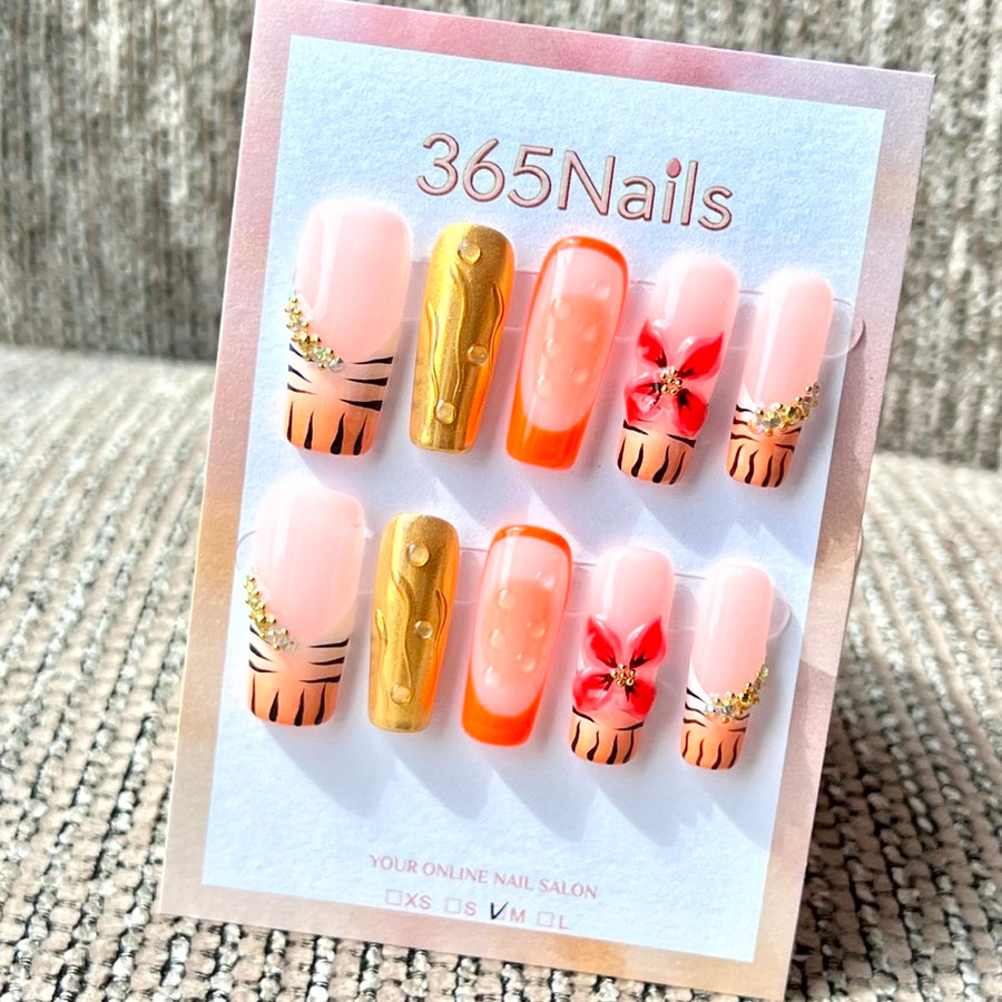 365nails: "Sunset Tiger Bloom" – Handmade Medium Square Press-On Nails
