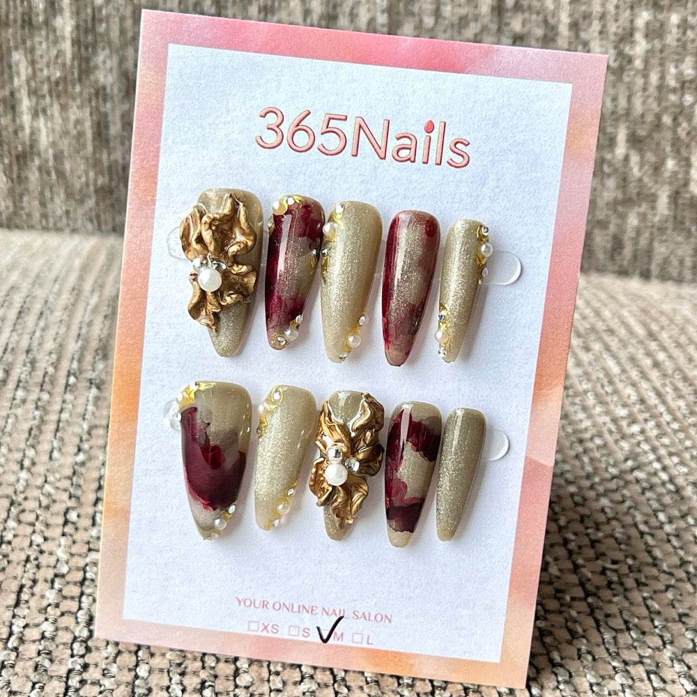 365Nails: 「復古橄欖花」— 手工製3D珍珠與金箔穿戴甲
