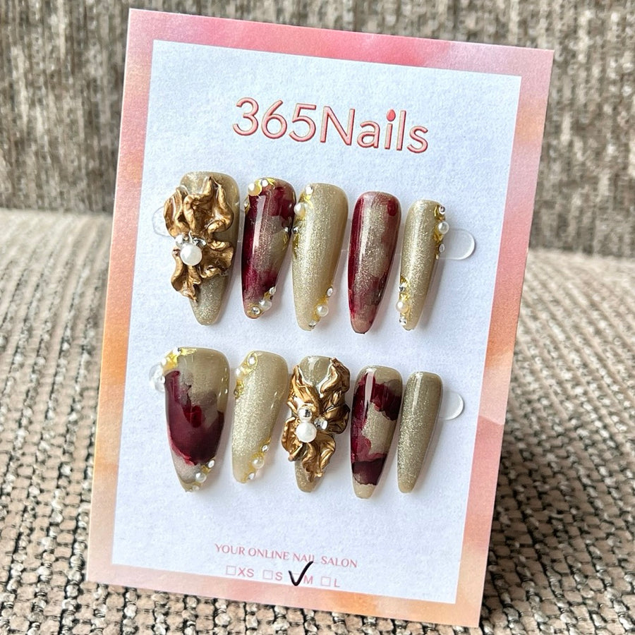 365nails 빈티지 올리브 블룸 — 수제 3D 진주·골드 포일 프레스온 네일