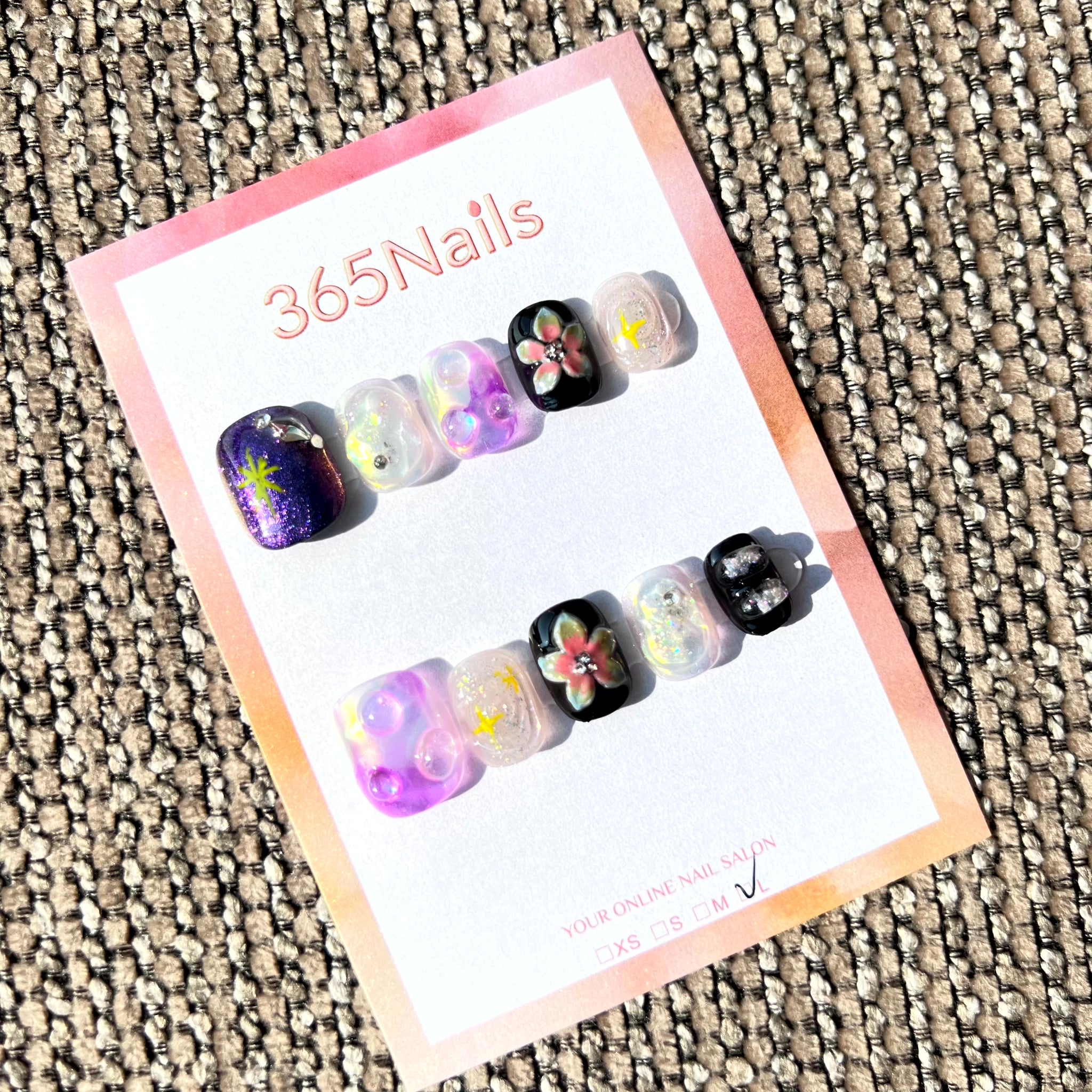 365nails: "Neon Bubble Galaxy" – 3D Clear Drops & Neon Flora Handmade Squoval Nails