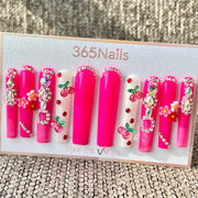 365nails: 핑크 체리 플라워 라인스톤 수제 롱 사다리꼴형 프레스온 네일