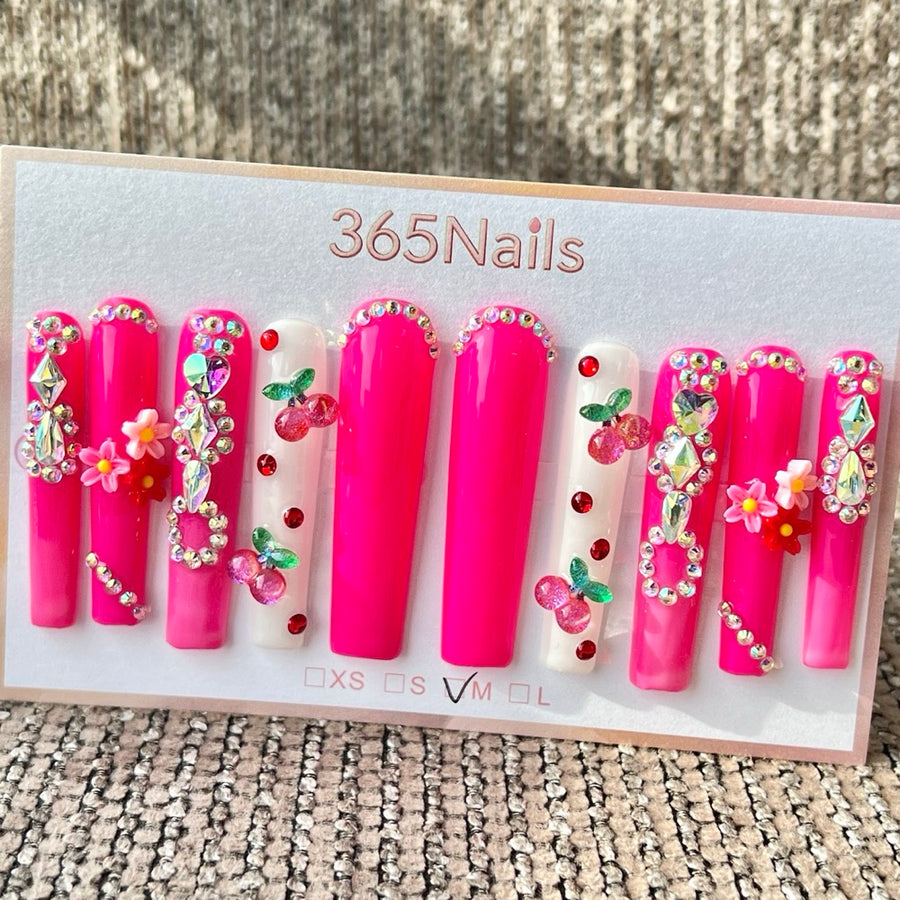 365nails: "Pink Cherry Flower Bling Long" – Handmade Long Trapezoid Press-On Nails