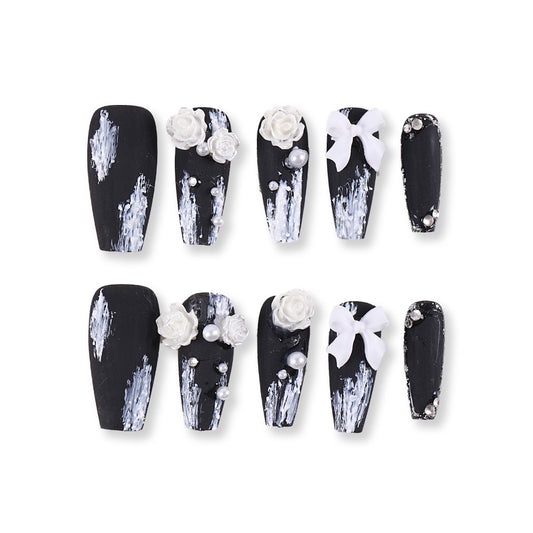 365Nails Matte Black Brushstroke Coffin with 3D Bow, Rose & Pearls