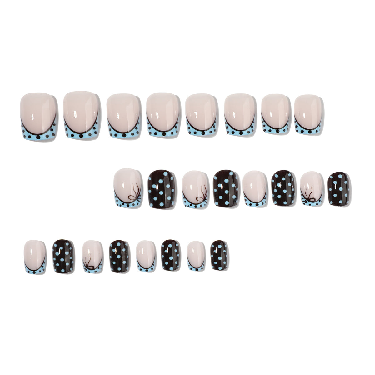 Full set of 24 short square press-on nails with polka dot and french tip designs laid out in rows