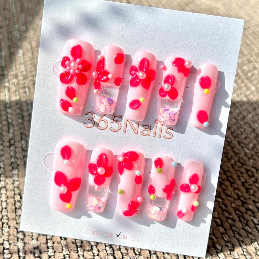 365nails '캔디 핑크 블룸' 수제 리퀴드 모션 프레스온 네일 미디엄 스퀘어형 3cm