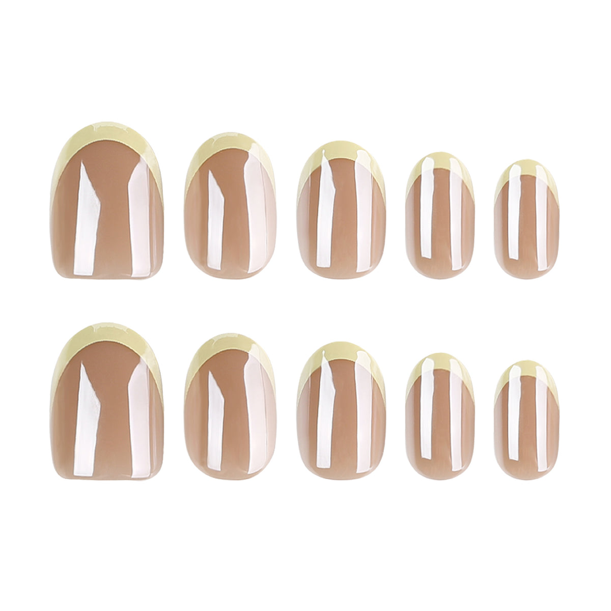 Set of press-on nails in multiple sizes with yellow French tips