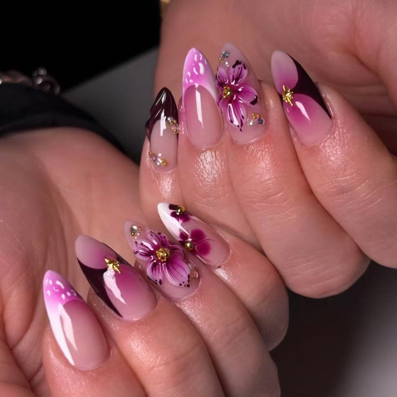3D French Floral Glossy Pink White Almond Short Press On Nails – Design 47