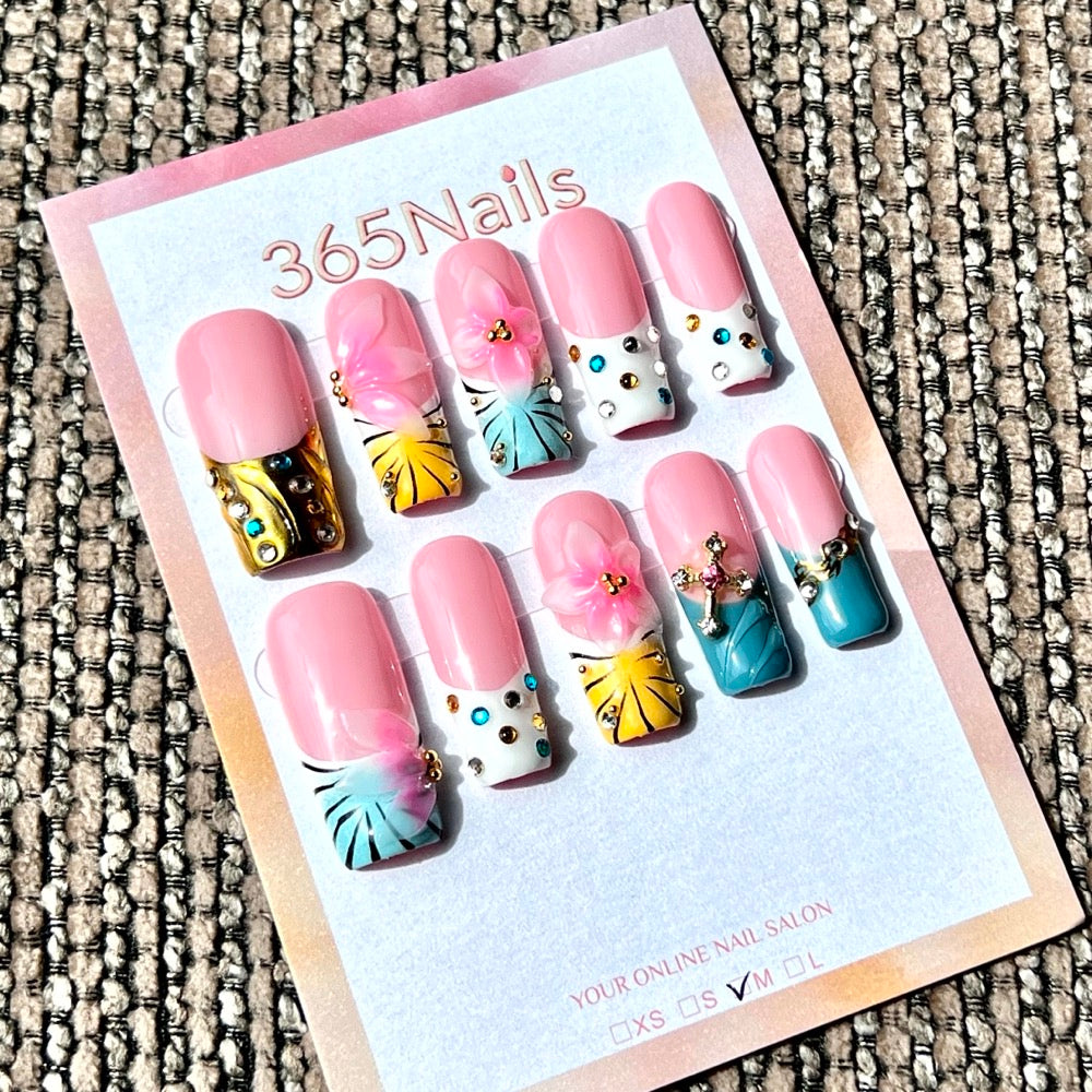 365nails: "Tropical French Floral Glam" – Handmade Medium Square Press-On Nails